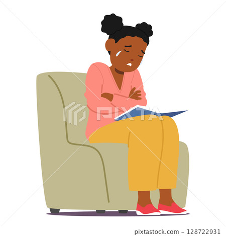 Unhappy girl child cartoon character crying feeling difficulties with reading sitting on armchair 128722931