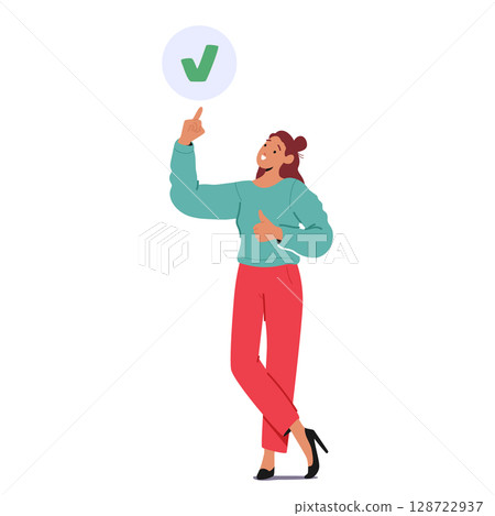 Young woman employee cartoon character pointing at done tick checkmark box indicating completed task 128722937