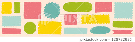 Doodle brush crayon shape color frame set. Hand drawn crayon pencil box, pastel rough chalk texture square border. Cute cartoon paint frame circle, square background design. Vector 128722955