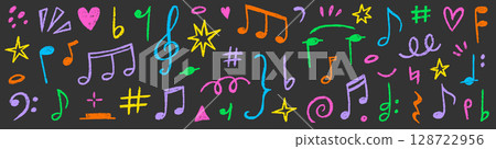 Music note crayon doodle vector set. Hand drawn chalk pastel music note, melody symbol shape, kid sticker sketch style. Cute retro crayon pencil colorful sound decoration element. Vector 128722956