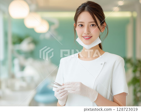 Polite hospitality and smiling female staff at the medical facility 128723019