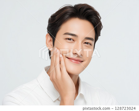 一位年輕人用手托著臉頰，溫柔地微笑著 128723024