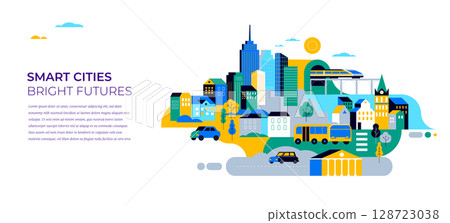 Smart City Concept Illustration. Modern Cityscape with People, Transportation, and Skyscrapers. 128723038