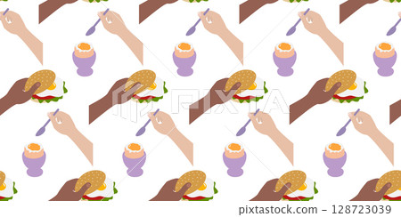 Males and Females Hands Different Nationalities Soft Boiled Egg and Eggs Sandwich Seamless Pattern Males and Females Hands Different Nationalities Soft Boiled Egg and Eggs Sandwich Seamless Pattern 128723039