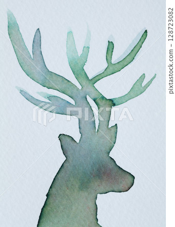 Watercolor illustration of a deer with antlers in soft green hues on a light background 128723082