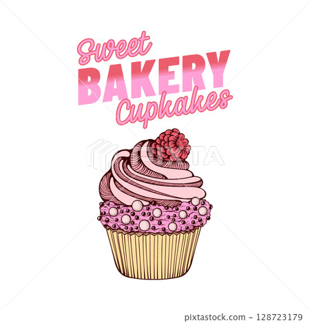 Pink Summer Desserts Typography T-shirt Vector Design Template, Muffin or Cupcake Sketch Retro Hand Drawn Poster for Cafe or Restaurant Pink Summer Desserts Typography T-shirt Vector Design Template, Muffin or Cupcake Sketch Retro Hand Drawn Poster for Cafe or Restaurant 128723179