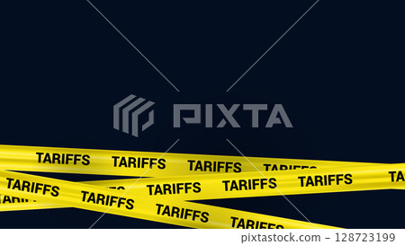 Warning Yellow Stripe Tariff News Vector Banner, Realistic Crossed Tape with Word Tariff on Dark Background, Risk Border 128723199