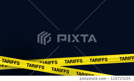 Warning Yellow Stripe Tariff News Vector Banner, Realistic Crossed Tape with Word Tariff on Dark Background 128723205