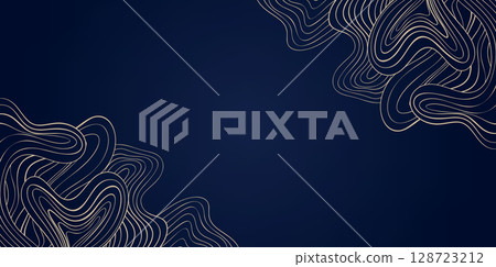Gold Wave Art Deco Vector Background, Golden Line Wavy Corner Pattern on Elegant Deep Blue, Abstract Curly Backdrop for Decorative Fashion Jewelry Presentations 128723212