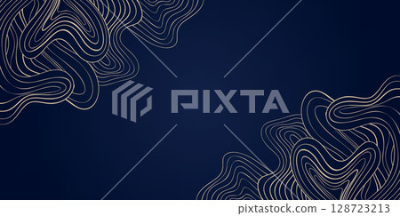 Gold Wave Art Deco Vector Background, Golden Line Wavy Corner Pattern on Elegant Deep Blue, Abstract Curly Backdrop for Decorative Fashion Jewelry Presentations 128723213