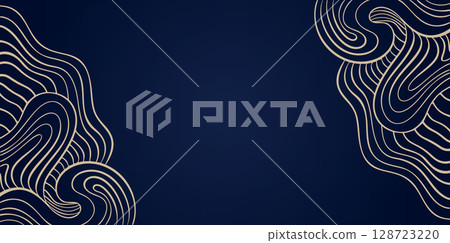 Gold Wave Art Deco Vector Background, Golden Line Wavy Corner Pattern on Elegant Deep Blue, Abstract Curly Backdrop for Decorative Traditional Asian Artistic Presentations 128723220