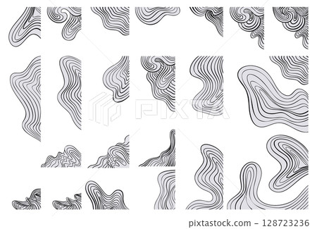 Modern Black and Off White Abstract Curve Element Corner Border Set, Hand Drawn Wave Decoration. Wavy Graphic Isolated Design Elements, Vector Illustration for Presentations Backgrounds 128723236