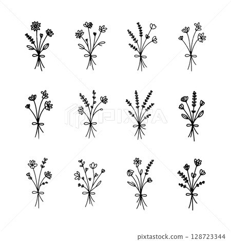 Minimal Flower Bouquet. Minimal Flower Bouquet features a soft hand-drawn arrangement of small delicate flowers in a clean linear style. 128723344
