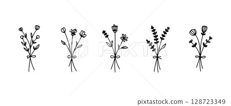 Compact hand-drawn wildflower bundles with organic lines. Great for packaging, logo accents, or botanical pattern design. 128723349