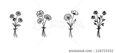 Elegant bouquets featuring stylized flowers with curved petals and soft stems. Suitable for romantic and creative botanical projects. Elegant bouquets featuring stylized flowers with curved petals and soft stems. Suitable for romantic and creative botanical projects. 128723352