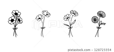 Delicate flower bunches drawn with a soft minimalistic touch. Ideal for greeting cards, posters, and botanical-themed projects. Delicate flower bunches drawn with a soft minimalistic touch. Ideal for greeting cards, posters, and botanical-themed projects. 128723354