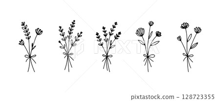 Minimalist hand-drawn flower bouquets with natural stems and wild charm. Perfect for botanical compositions, wedding decor, and elegant floral design. Minimalist hand-drawn flower bouquets with natural stems and wild charm. Perfect for botanical compositions, wedding decor, and elegant floral design. 128723355