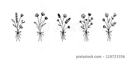 Soft Botanical Bouquet. Soft Botanical Bouquet presents a minimal hand-drawn floral arrangement with leaves and fine flowers in an airy style. 128723356