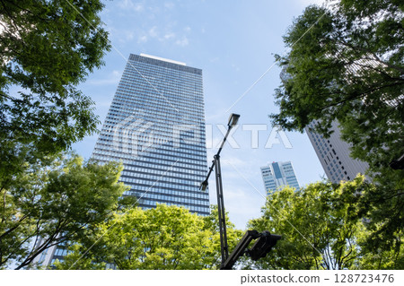 Landscape of the office town looking up at a skyscraper 128723476