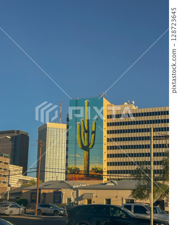 Saguaro cactus mural on building in Tucson, Arizona skyline 128723645
