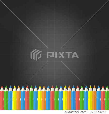 Template with space for text. Black chalkboard and colorful pencils below. Vector illustration for school design, banners, ads, and projects 128723755