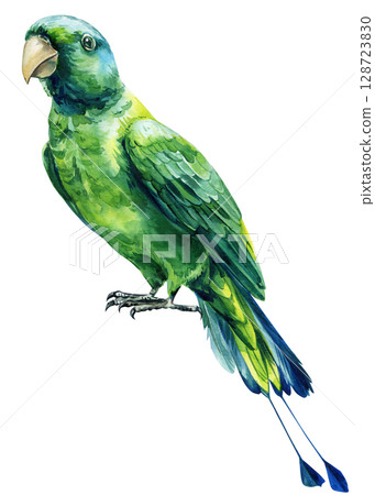 Green tropical parrot with long blue tail, watercolor exotic bird illustration on white background. Racket-tailed parrots 128723830