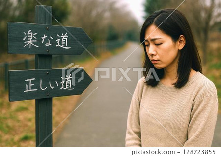 選擇與文字符號圖像素材：猶豫、前進、決定、人生的十字路口 128723855