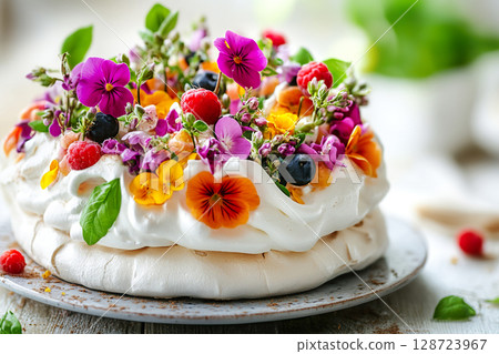 Pavlova Cake Decorated with Fresh Flowers and Berries on Rustic Plate. 128723967