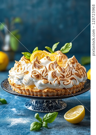Lemon Meringue Tart Presented on Decorative Pedestal with Citrus Garnish. 128723968