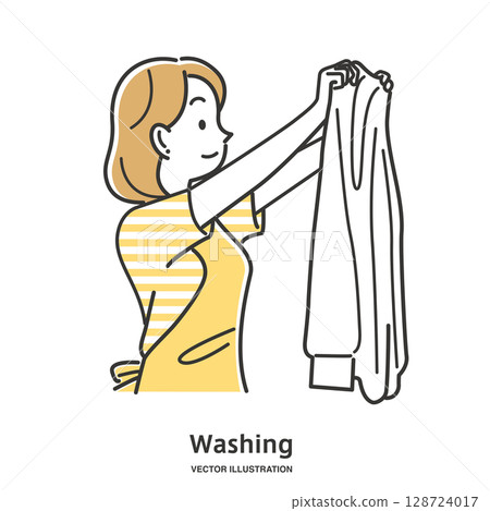 一位穿著圍裙的年輕女子正在晾衣服 128724017