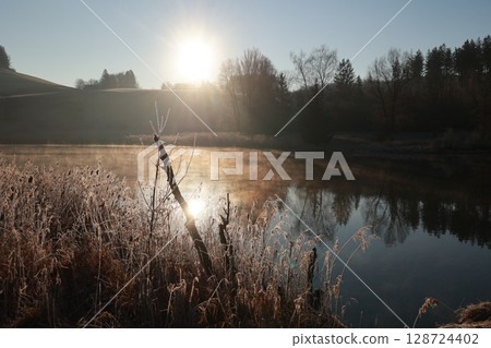 Sunlit lake with a tree in the foreground Sunlit lake with a tree in the foreground 128724402