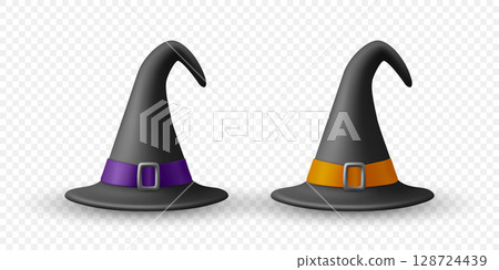 Witch Hat With Curved Tip and Belt Buckle, Vector Illustration. Halloween Witch Hat with Purple and Orange Ribbon. Classic Black Witch Hat For Costume Design, Spooky Party. Cartoon Vector Clipart 128724439