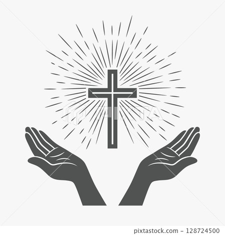 Black and White Open Hands with Cross and Divine Light, Symbol of Faith and Prayer. Design Template for Church Logo. Prayer, Religion Concept Monochrome Cut Out Silhouette Icon. Vector Illustration 128724500