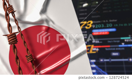 The Japan Flag and barbed wire for Business crisis concept 3d Rendering. The Japan Flag and barbed wire for Business crisis concept 3d Rendering. 128724524
