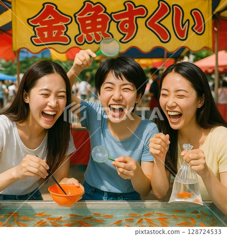 We created a scene of three people cheering while enjoying goldfish scooping. 128724533