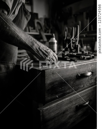 A senior craftsmans hands work over a vintage wooden workbench with classic tools, showcasing artisanal skill and rustic woodworking in black and white A senior craftsmans hands work over a vintage wooden workbench with classic tools, showcasing artisanal skill and rustic woodworking in black and white 128724566