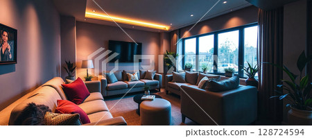 This inviting living room features a stylish layout with ample natural light 128724594