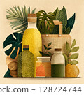 Eco Lifestyle Zero-Waste Home Scene with Reusable Items and Natural Light. Illustration of a cozy zero-waste home interior embracing an eco-conscious lifestyle. The composition includes glass jars 128724744