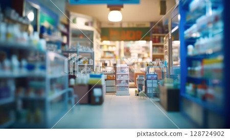 Modern pharmacy interior with shelves full of colorful medicine bottles and wellness products, offering a clean, organized retail health display 128724902