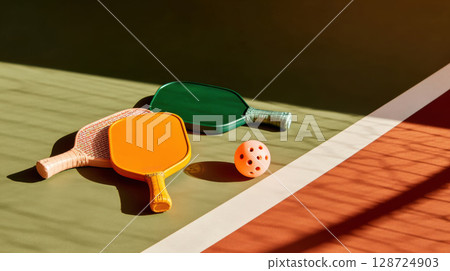 Bright pickleball gear with orange and green paddles and ball on court, highlighted by warm sun and shadows for a sporty recreational vibe Bright pickleball gear with orange and green paddles and ball on court, highlighted by warm sun and shadows for a sporty recreational vibe 128724903