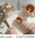 Mindfulness Journal Writing. Modern flat style illustration showing a top-down view of hands writing in a mindfulness or wellness journal. A cup of tea rests nearby, creating a calm, introspective 128724908