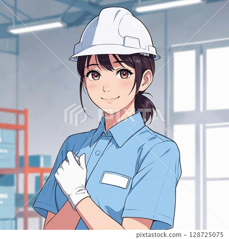 Smiling female factory staff wearing work clothes and helmet 128725075