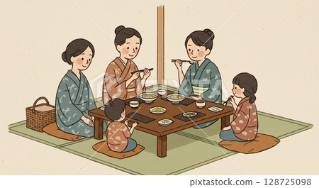 A warm dinner table! A family moment filled with smiles 128725098