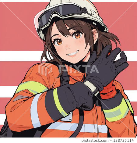 穿著消防員制服的微笑的年輕女工 穿著消防員制服的微笑的年輕女工 128725114