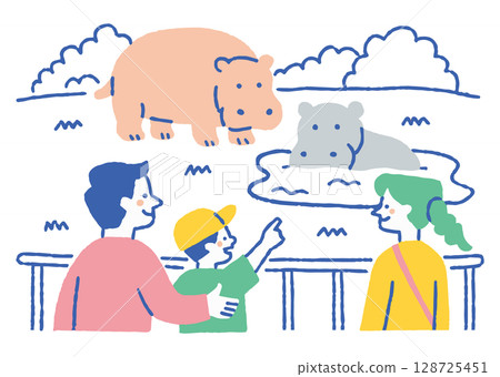 父母和孩子在動物園裡被河馬迷住了_顏色 128725451