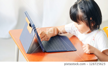 Girl using tablet in classroom Girl using tablet in classroom 128725623