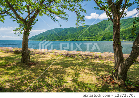 琵琶湖深處的風景。滋賀縣長濱市西夏齋町大浦。 琵琶湖深處的風景。滋賀縣長濱市西夏齋町大浦。 128725705
