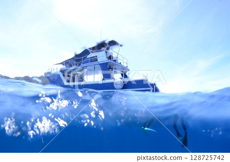 Blue ship and sea 128725742