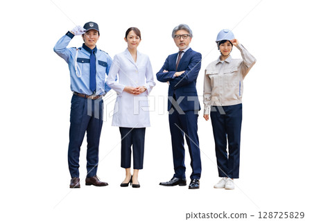 Group of men and women in various professions: Full-body photo PNG with transparent background precisely cut by hand 128725829