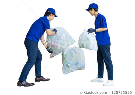 The back view of a group of male and female workers collecting garbage bags. A transparent full-body photo PNG precisely cut by hand 128725830